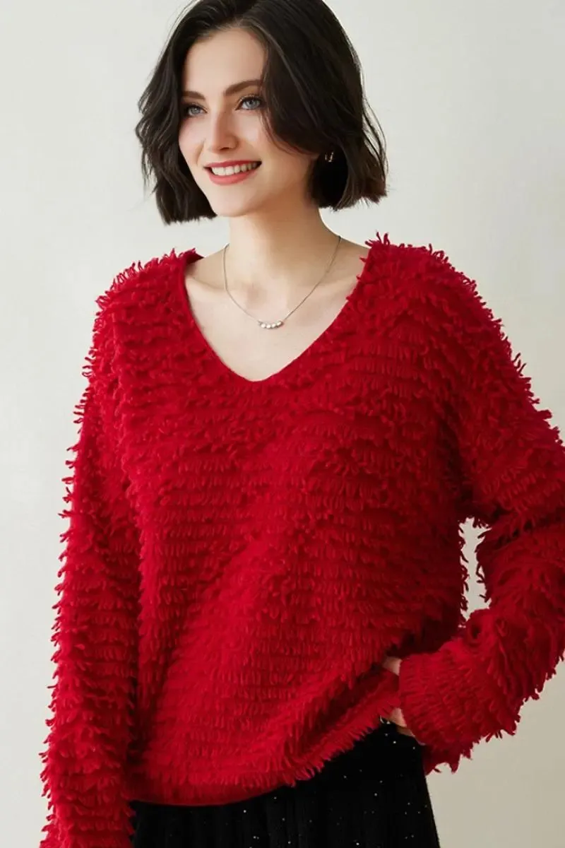 100 Cashmere Chunky Loop-Knit V-Neck Sweater