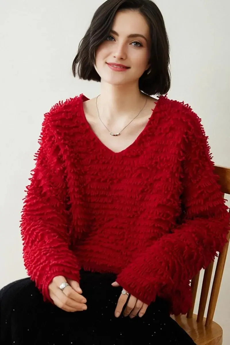 100 Cashmere Chunky Loop-Knit V-Neck Sweater