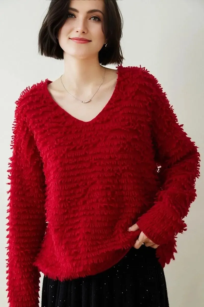 100 Cashmere Chunky Loop-Knit V-Neck Sweater