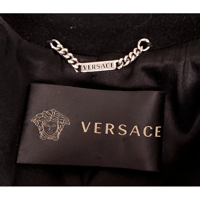 42 8 VINTAGE 2012 VERSACE RUNWAY Black GOTHIC CROSS Wool Cashmere COAT & LEATHER