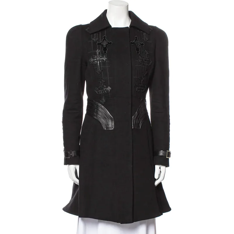 42 8 VINTAGE 2012 VERSACE RUNWAY Black GOTHIC CROSS Wool Cashmere COAT & LEATHER