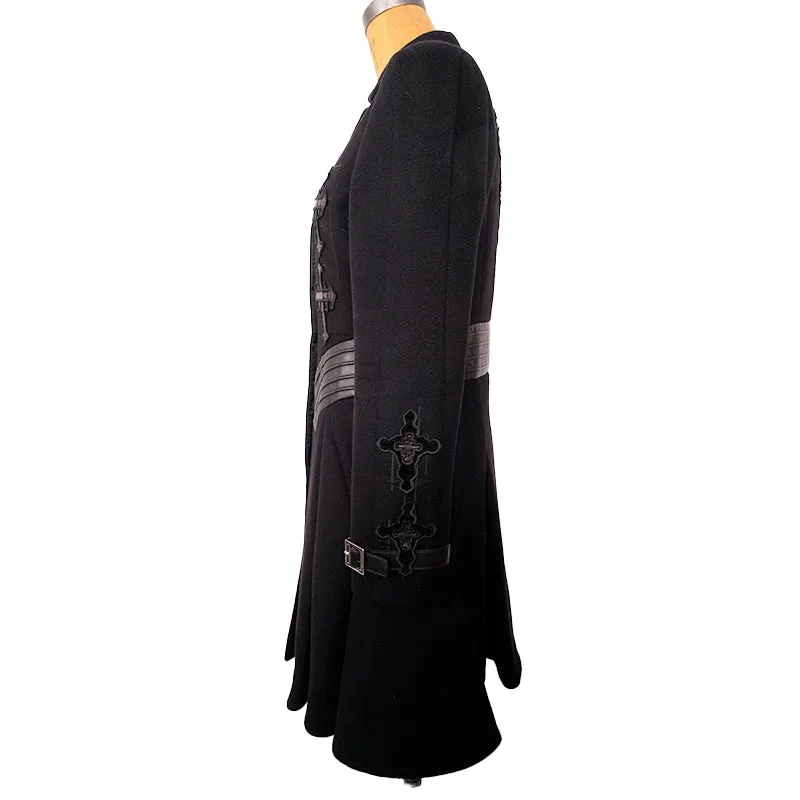 42 8 VINTAGE 2012 VERSACE RUNWAY Black GOTHIC CROSS Wool Cashmere COAT & LEATHER