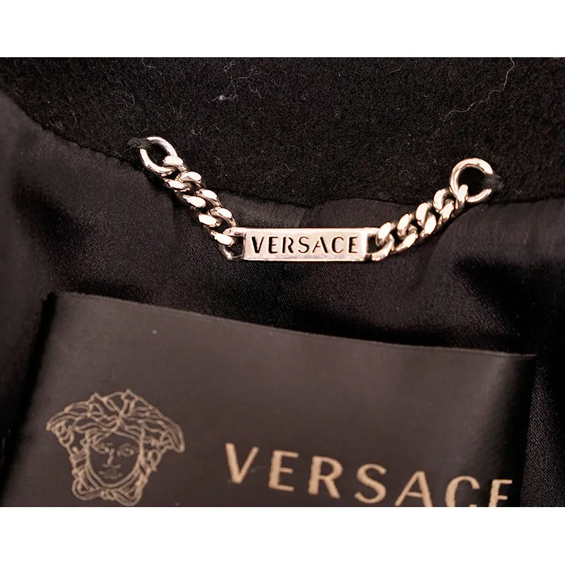 42 8 VINTAGE 2012 VERSACE RUNWAY Black GOTHIC CROSS Wool Cashmere COAT & LEATHER