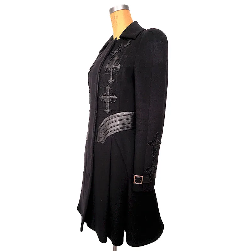 42 8 VINTAGE 2012 VERSACE RUNWAY Black GOTHIC CROSS Wool Cashmere COAT & LEATHER