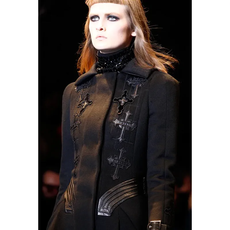 42 8 VINTAGE 2012 VERSACE RUNWAY Black GOTHIC CROSS Wool Cashmere COAT & LEATHER