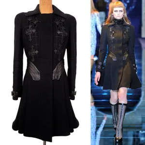 42 8 VINTAGE 2012 VERSACE RUNWAY Black GOTHIC CROSS Wool Cashmere COAT & LEATHER