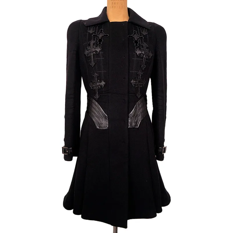 42 8 VINTAGE 2012 VERSACE RUNWAY Black GOTHIC CROSS Wool Cashmere COAT & LEATHER