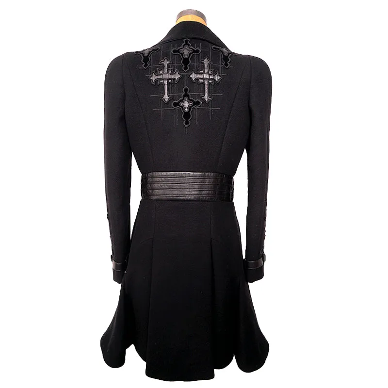 42 8 VINTAGE 2012 VERSACE RUNWAY Black GOTHIC CROSS Wool Cashmere COAT & LEATHER