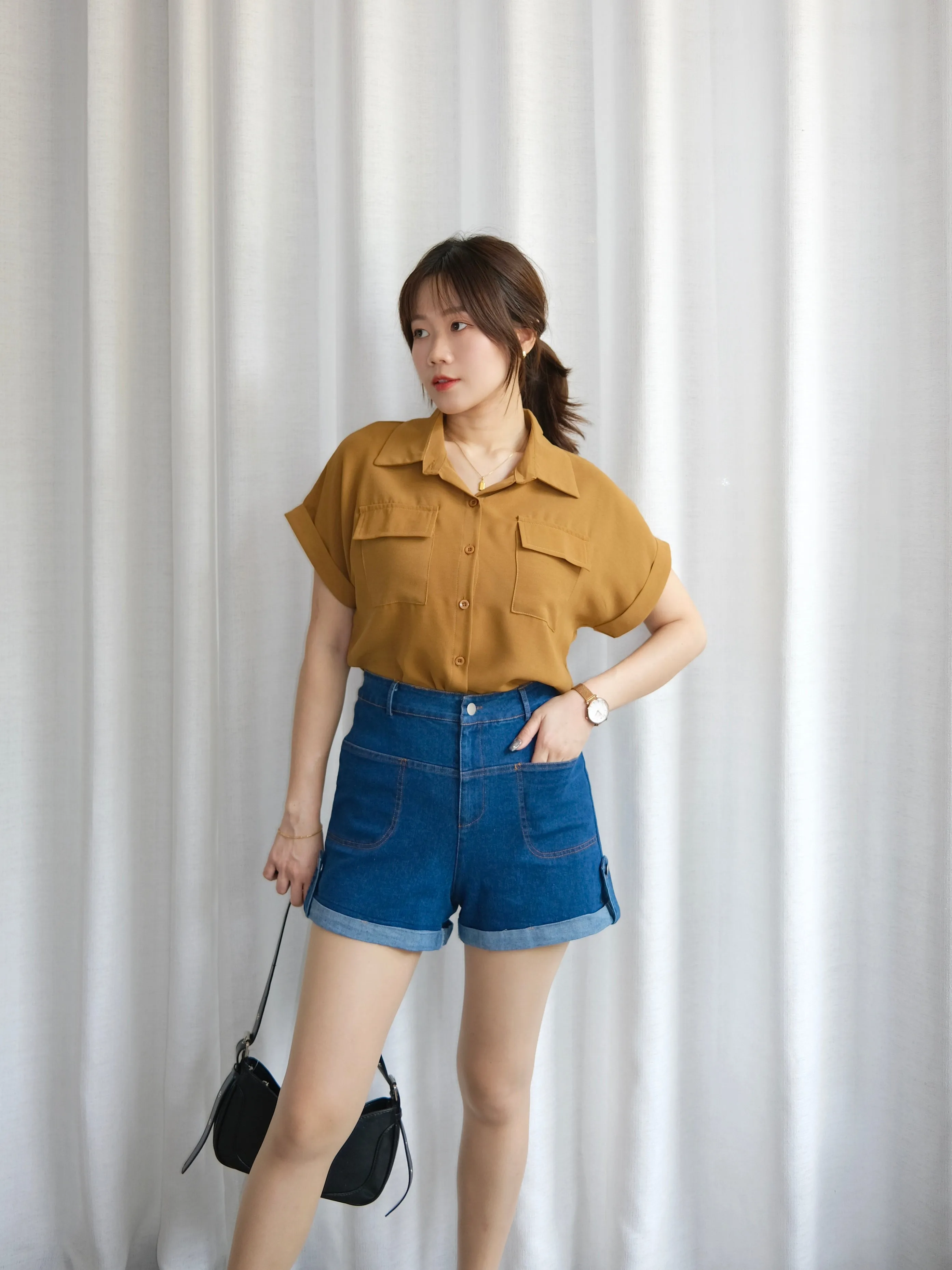 ACEWIN High Waist Roll Hem Denim Shorts (Size S-XL) 300982