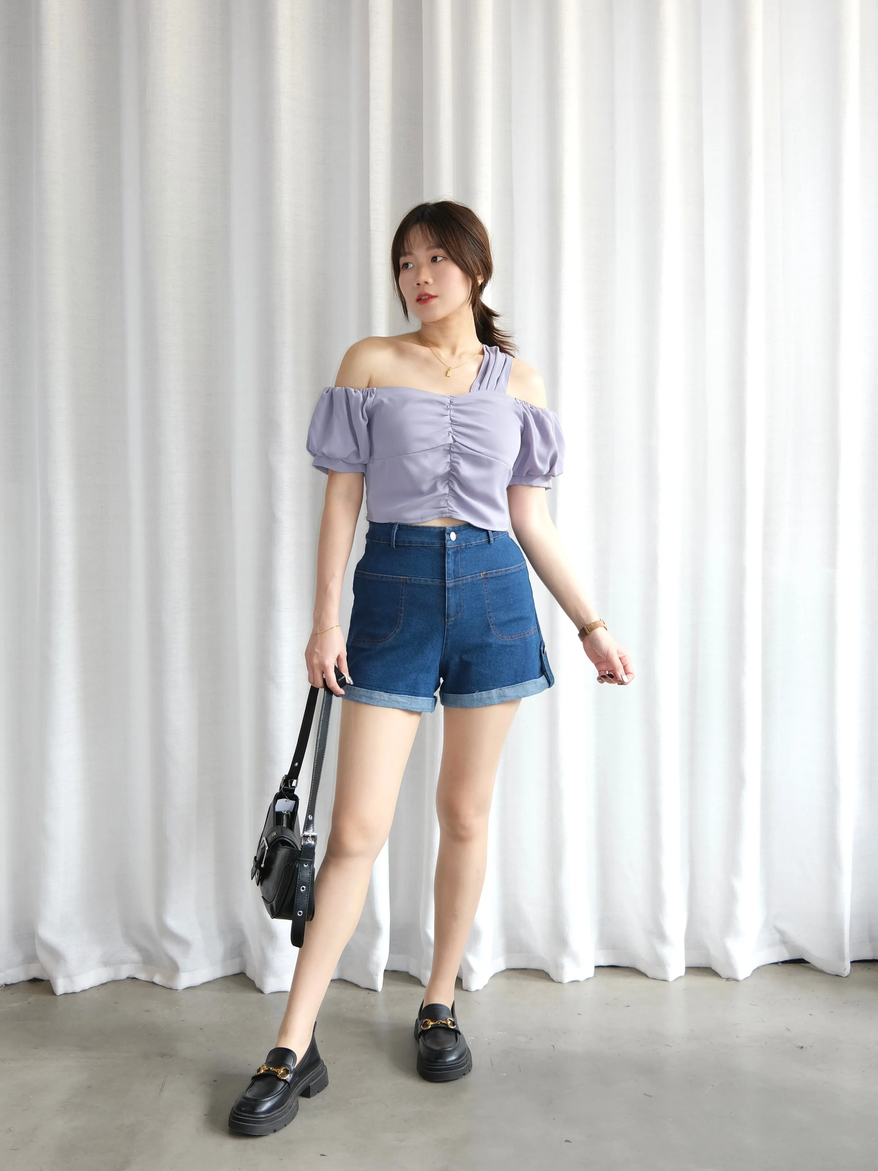 ACEWIN High Waist Roll Hem Denim Shorts (Size S-XL) 300982