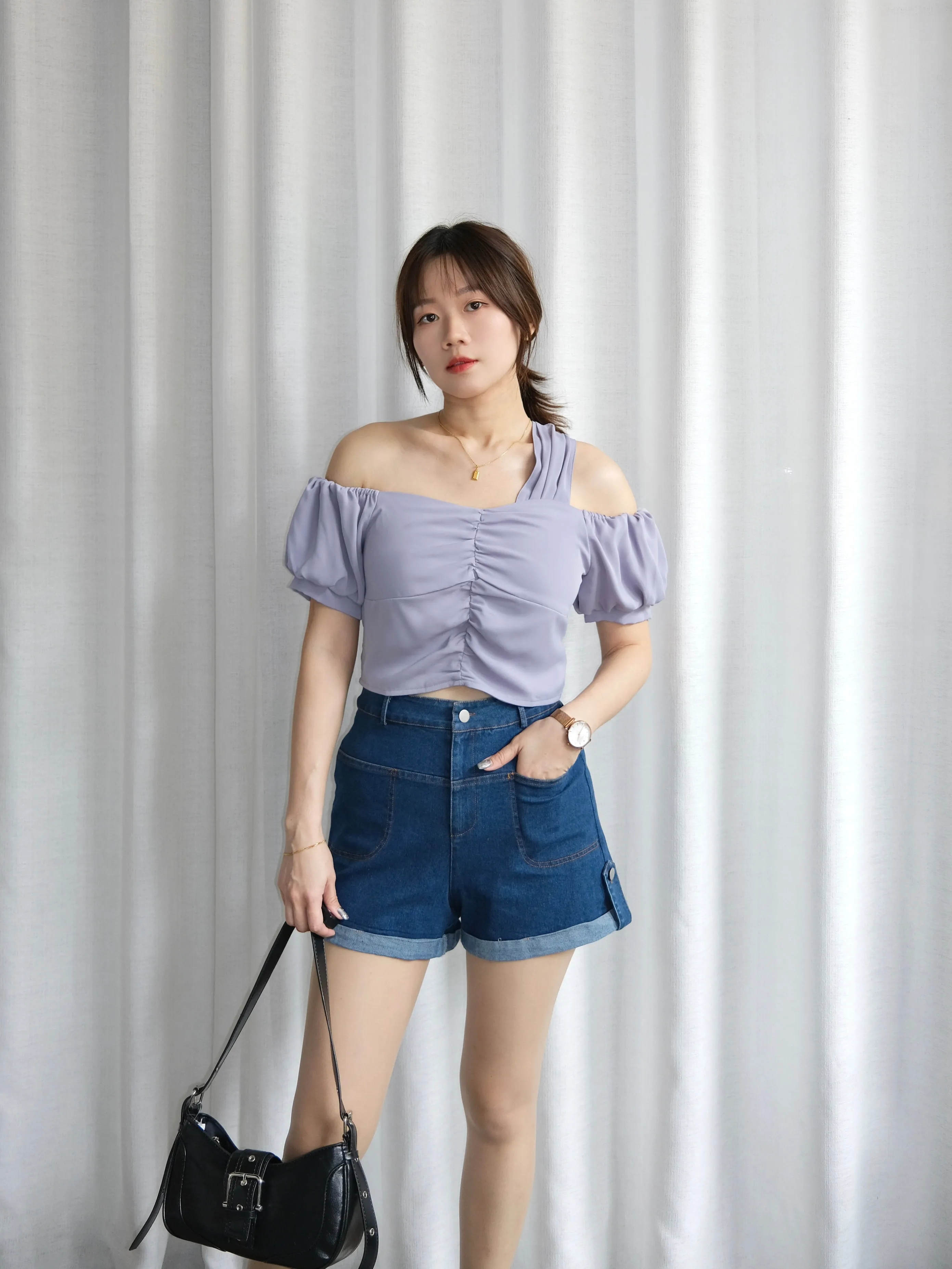 ACEWIN High Waist Roll Hem Denim Shorts (Size S-XL) 300982