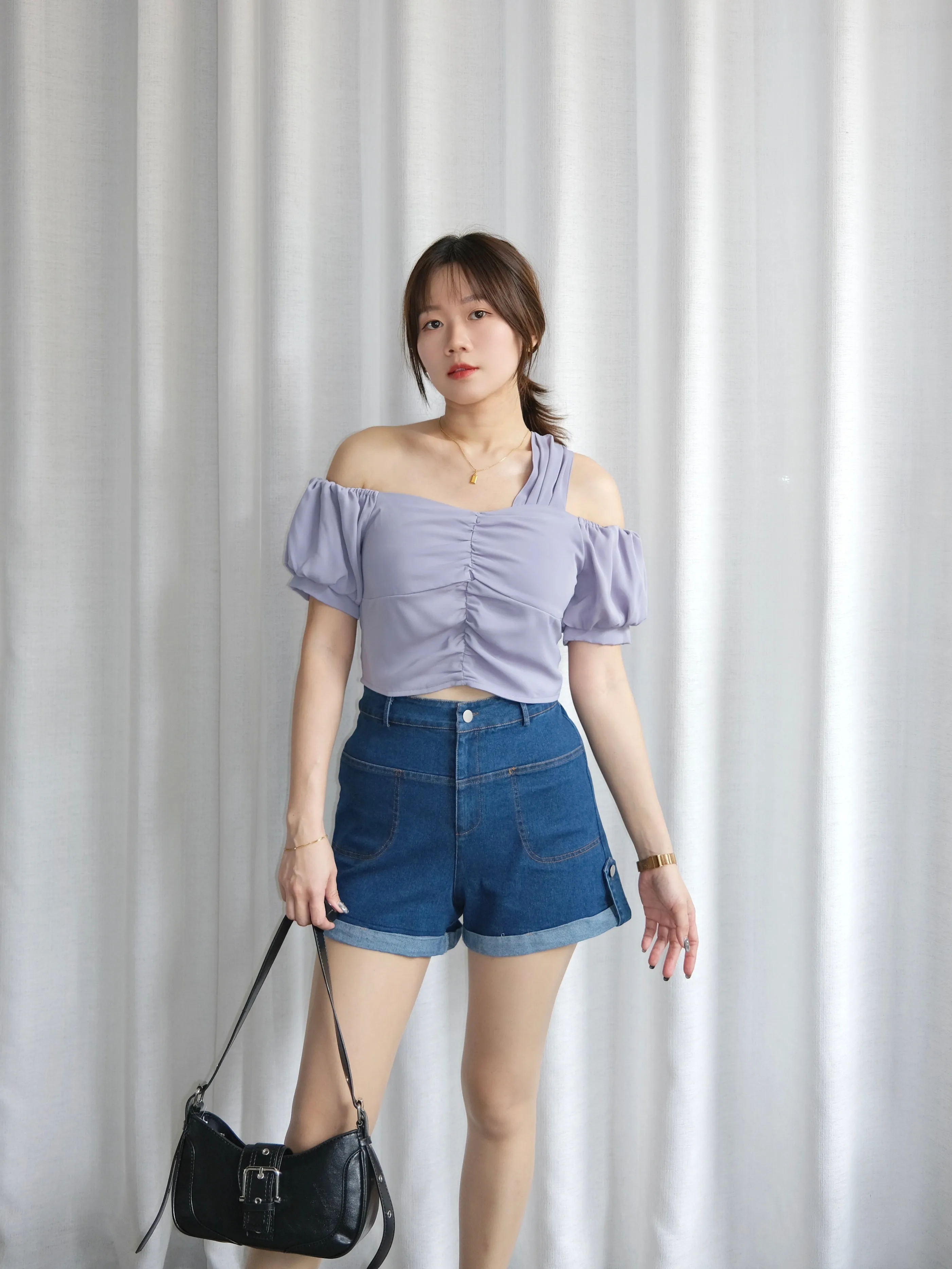 ACEWIN High Waist Roll Hem Denim Shorts (Size S-XL) 300982