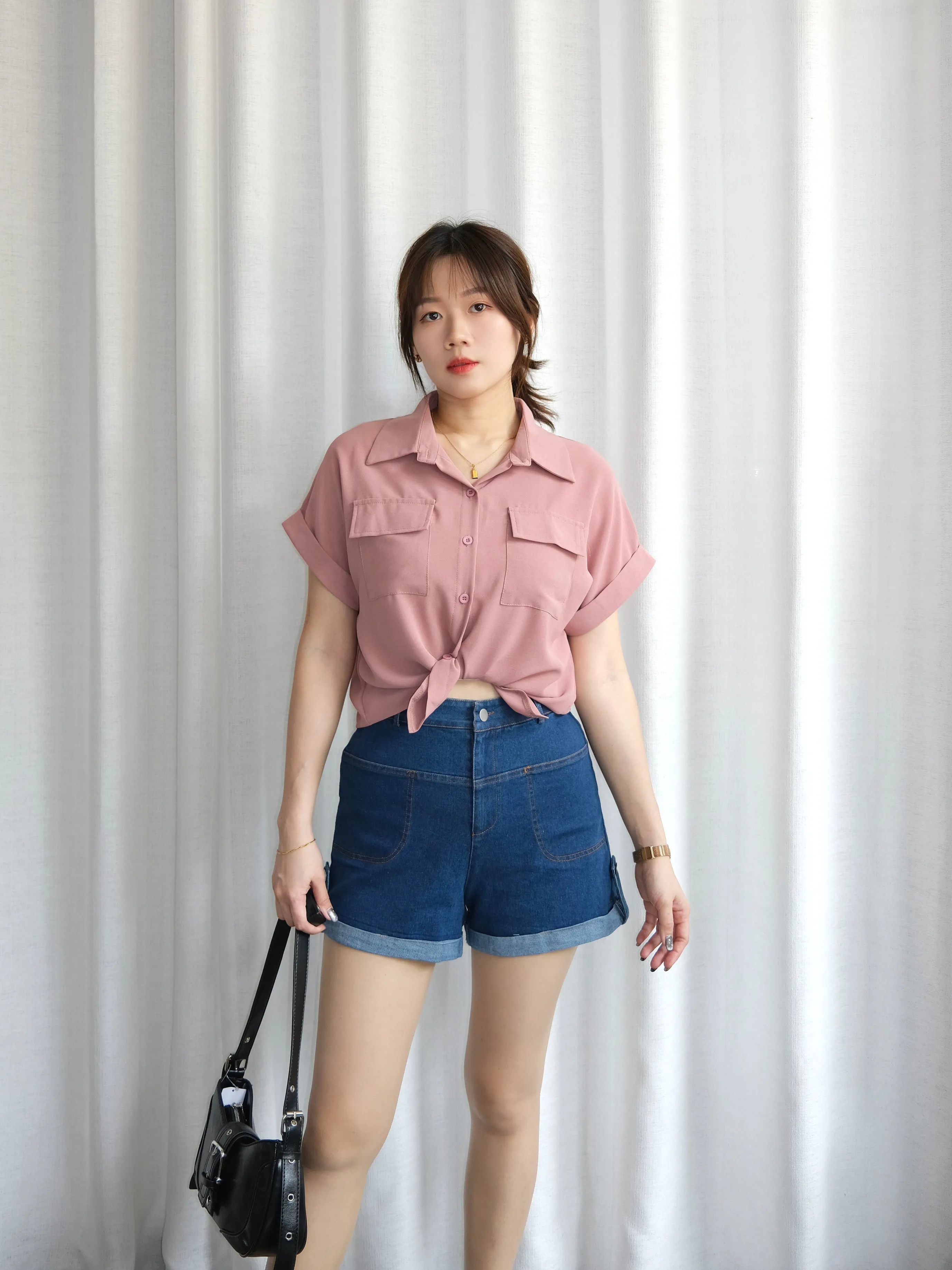 ACEWIN High Waist Roll Hem Denim Shorts (Size S-XL) 300982