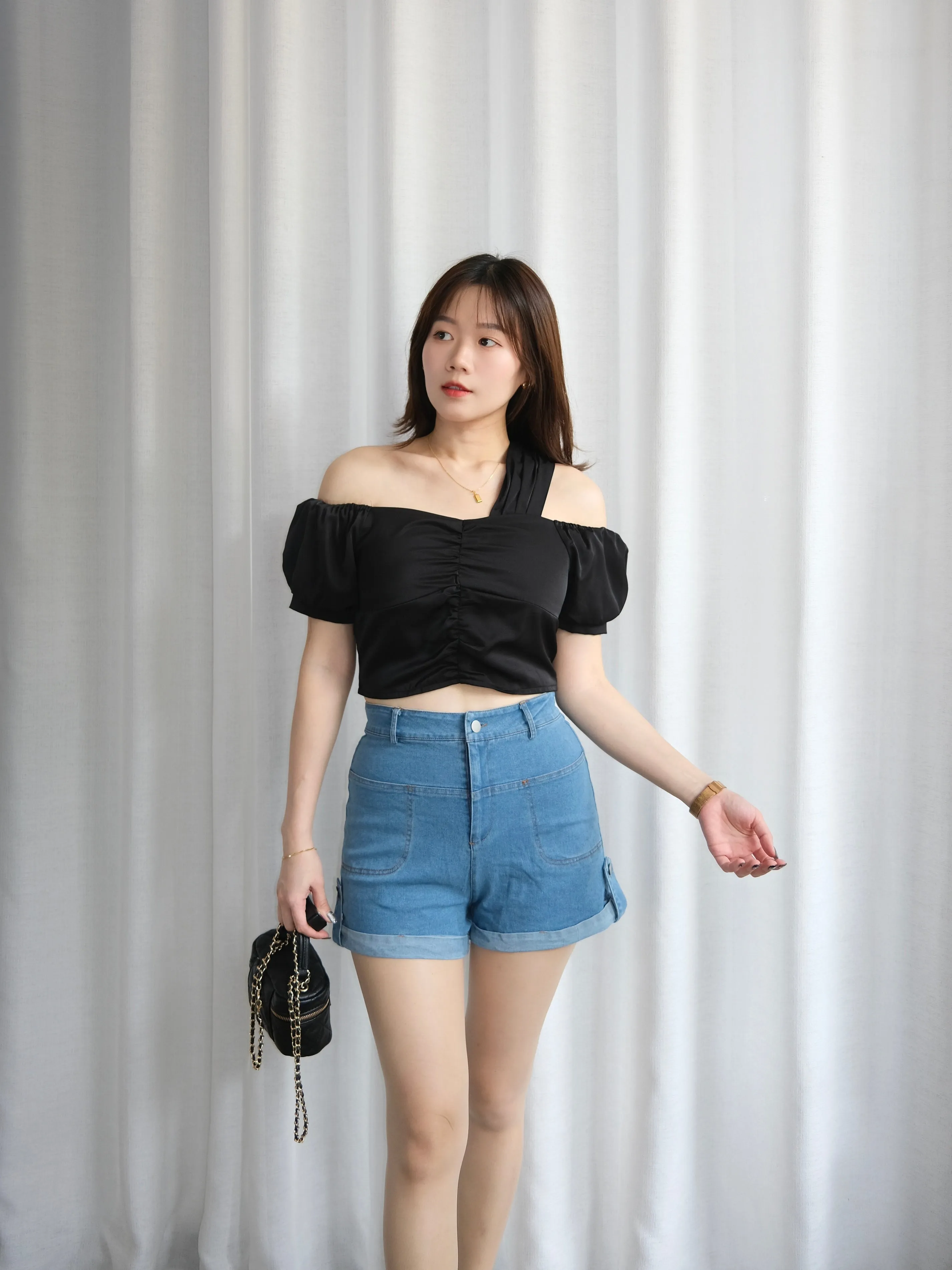 ACEWIN High Waist Roll Hem Denim Shorts (Size S-XL) 300982