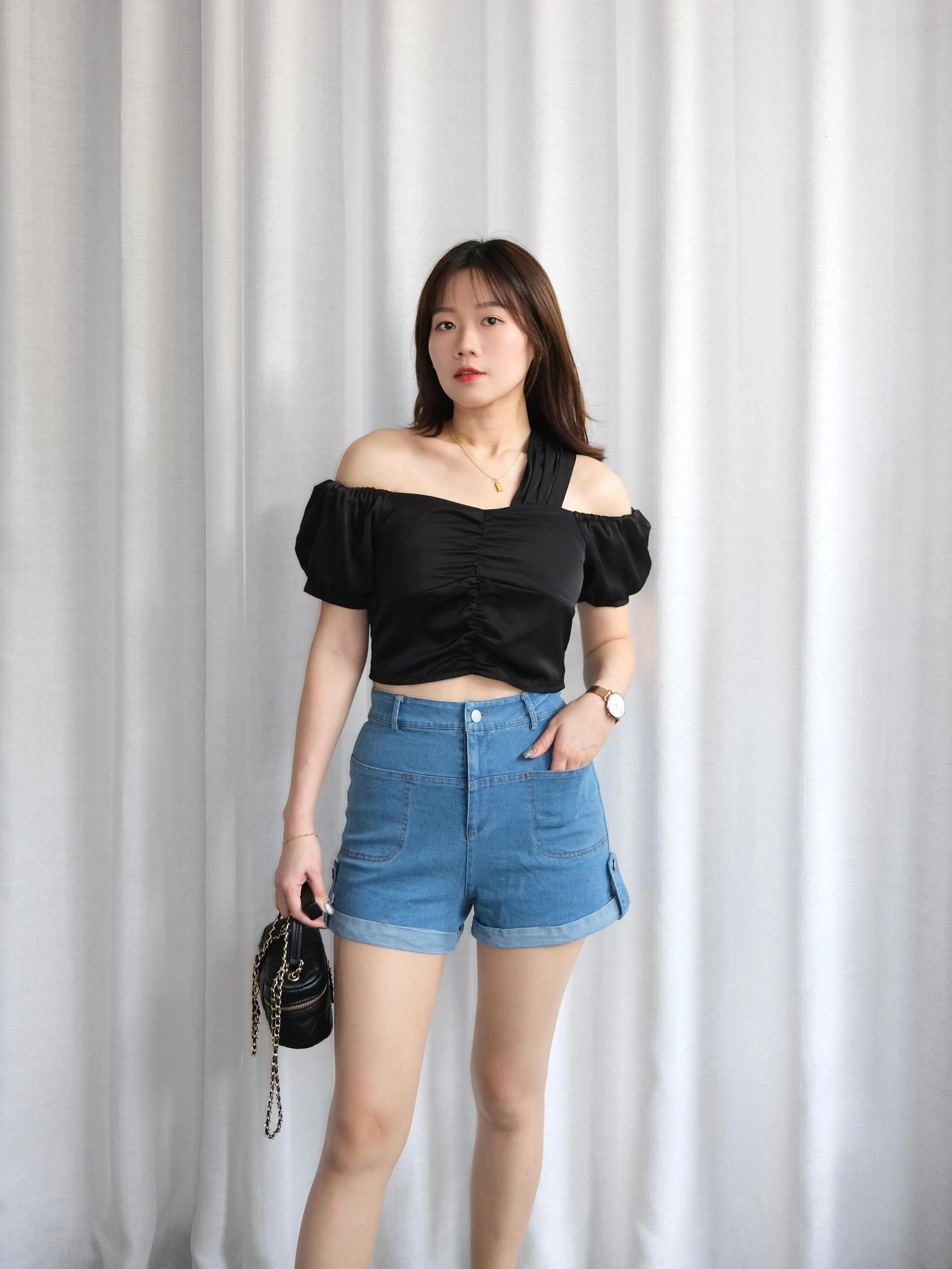 ACEWIN High Waist Roll Hem Denim Shorts (Size S-XL) 300982