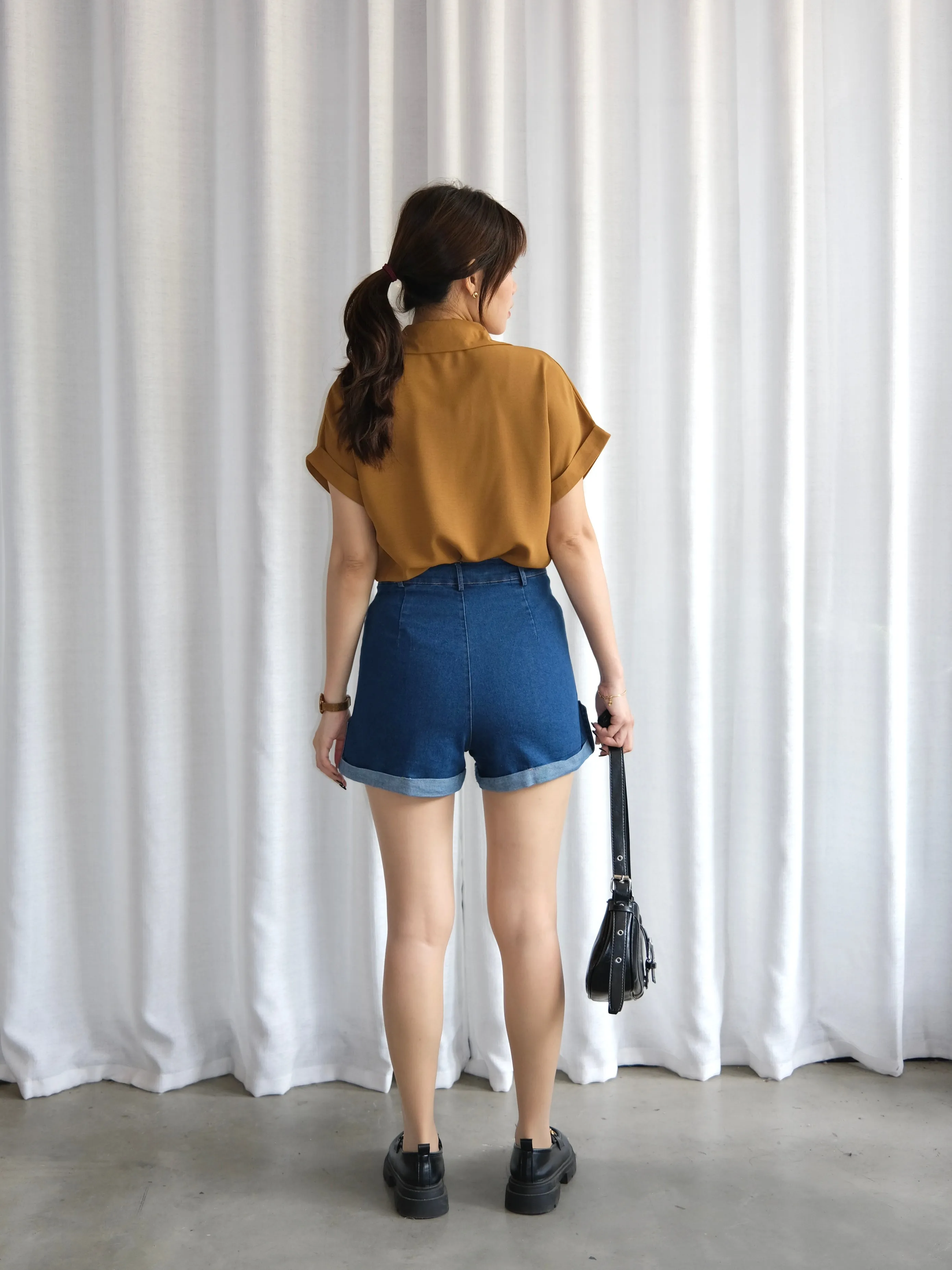 ACEWIN High Waist Roll Hem Denim Shorts (Size S-XL) 300982