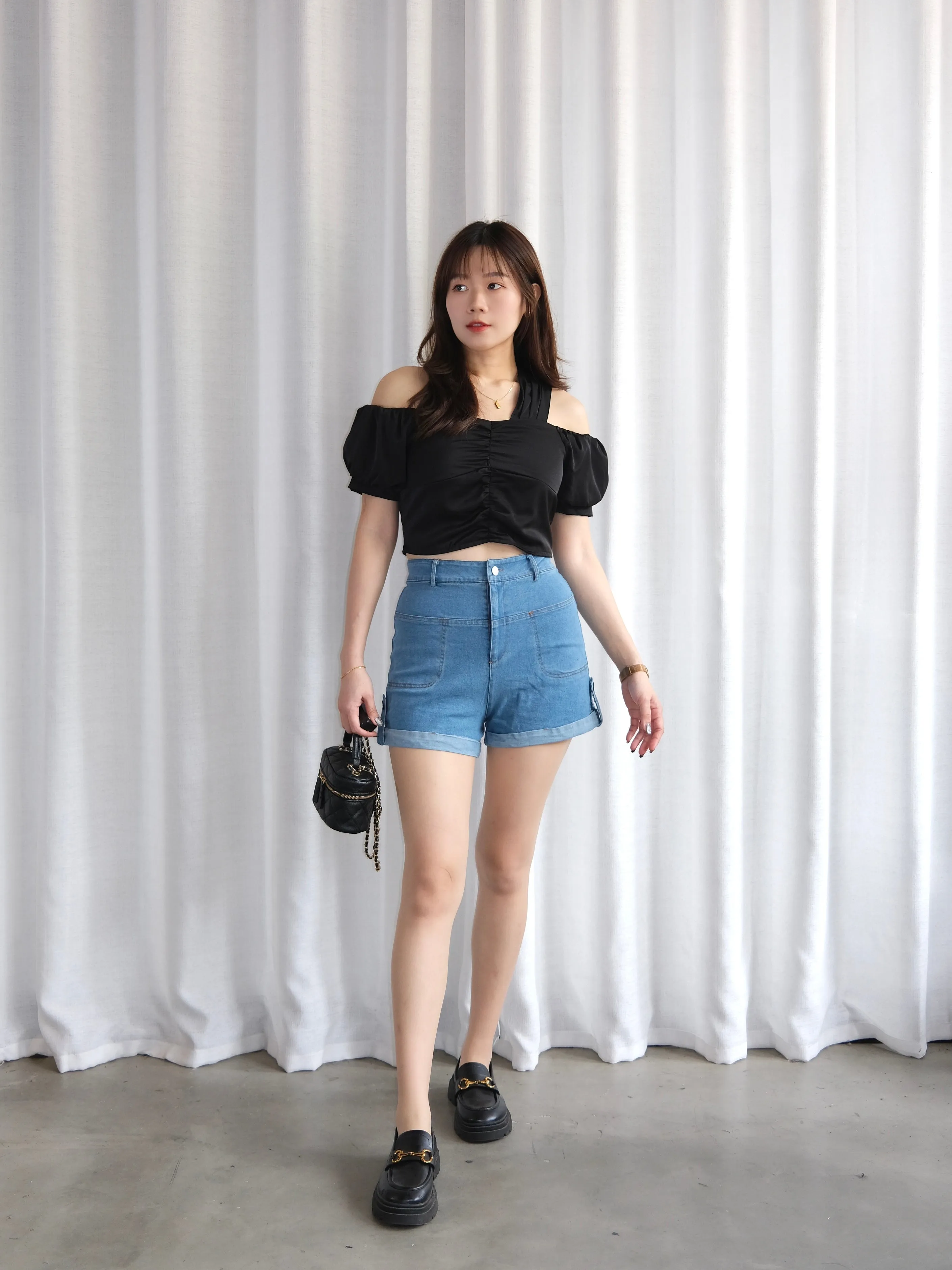 ACEWIN High Waist Roll Hem Denim Shorts (Size S-XL) 300982