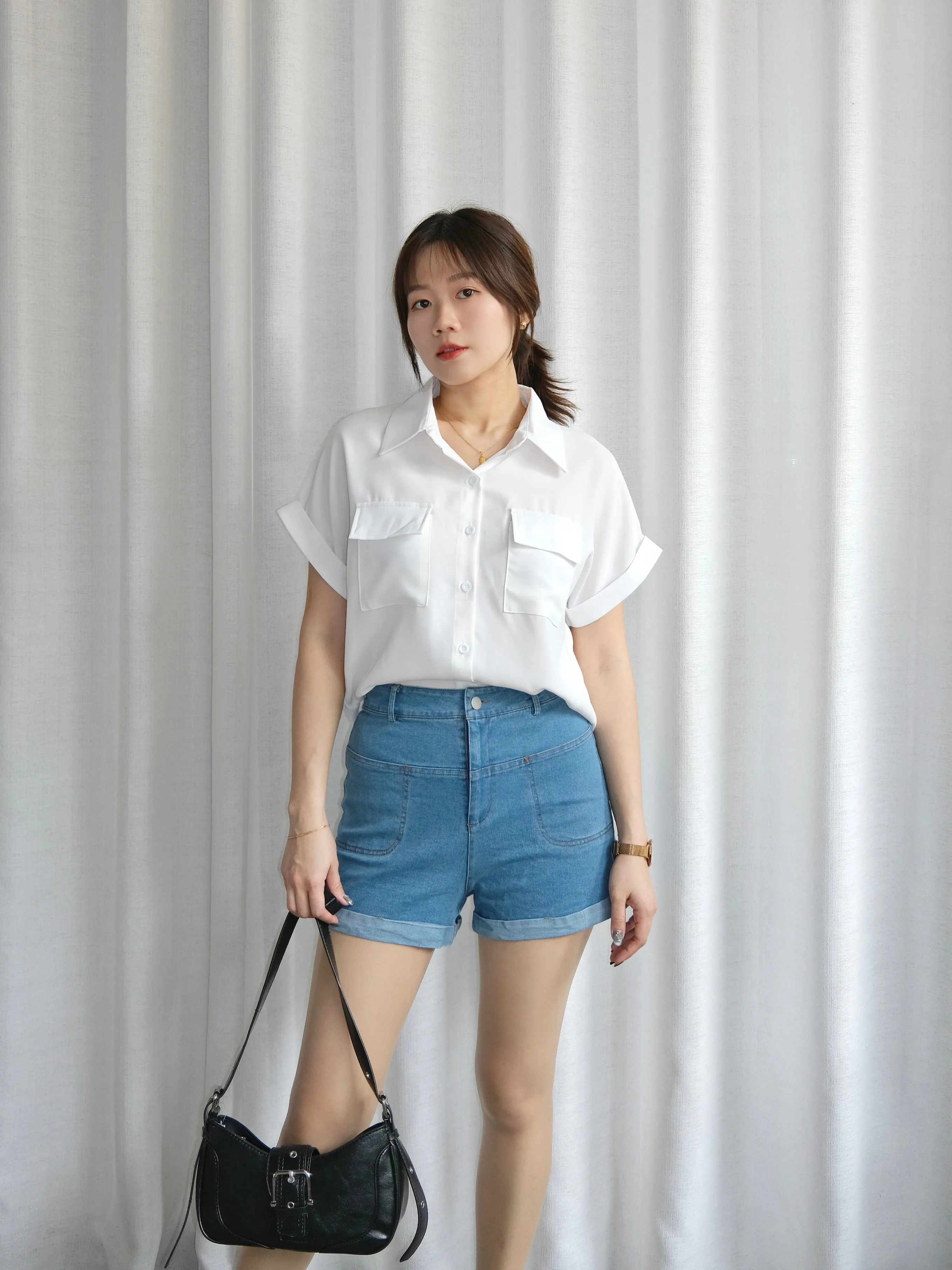 ACEWIN High Waist Roll Hem Denim Shorts (Size S-XL) 300982