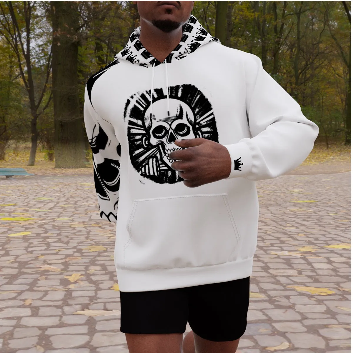 All-Over Print Men's Heavy Fleece Raglan Hoodie blk/white weightlifting theme