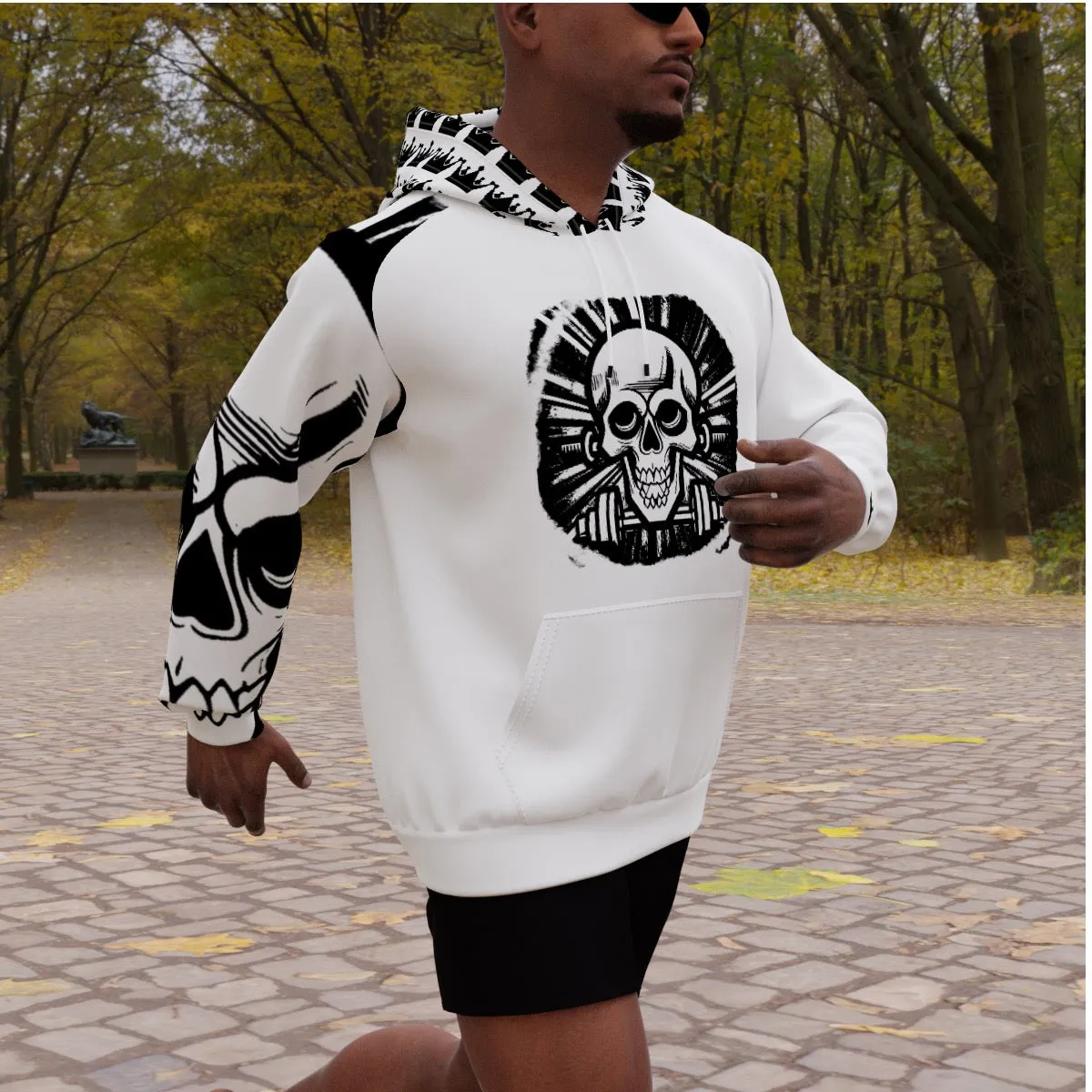 All-Over Print Men's Heavy Fleece Raglan Hoodie blk/white weightlifting theme