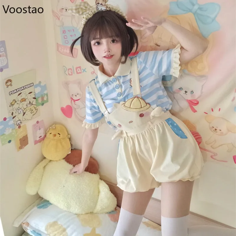 Baby Chick Embroidery Overalls Shorts