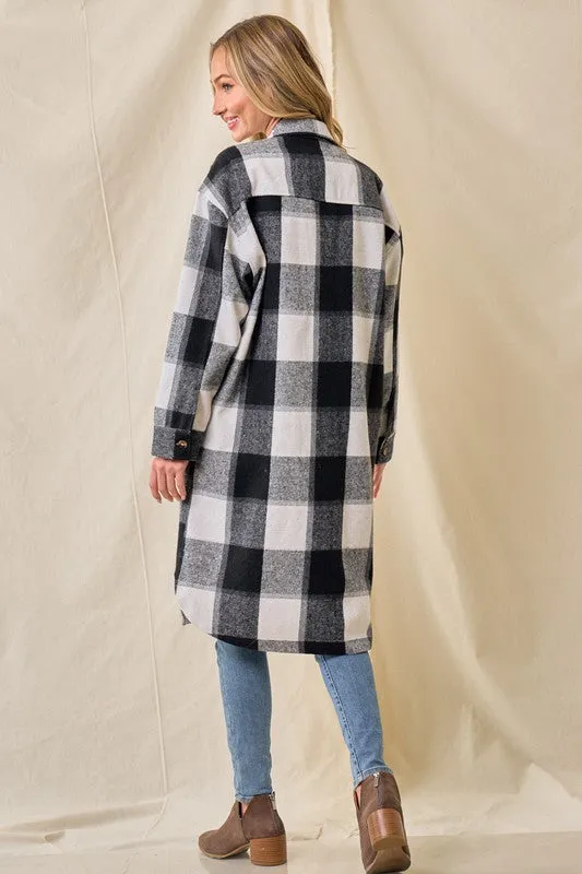 Black Brushed Flannel Plaid Button Pocketed Shacket