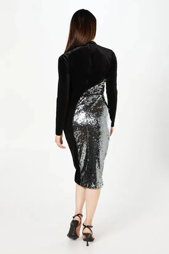 Black Sequin And Velvet High Neck Pencil Dress Long Sleeves Wedding Guest Dresses Cocktail Dresses