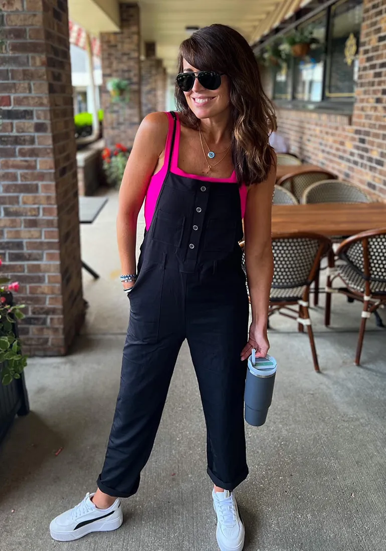 Black Women's Button Down Pocket Straight Leg Vintage Casual Overalls