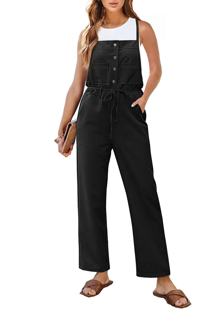 Black Women's Button Down Pocket Straight Leg Vintage Casual Overalls