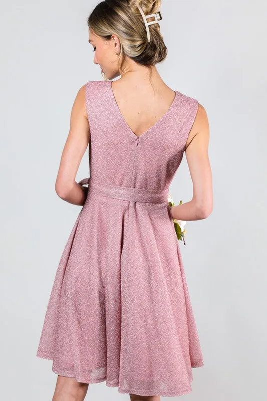 Blush V-Neck Sleeveless Tie Waist Metalic Mini Dress