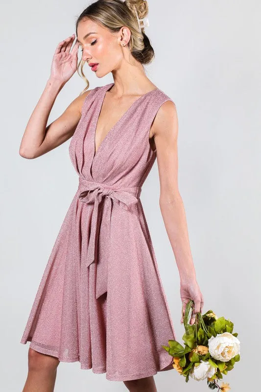 Blush V-Neck Sleeveless Tie Waist Metalic Mini Dress