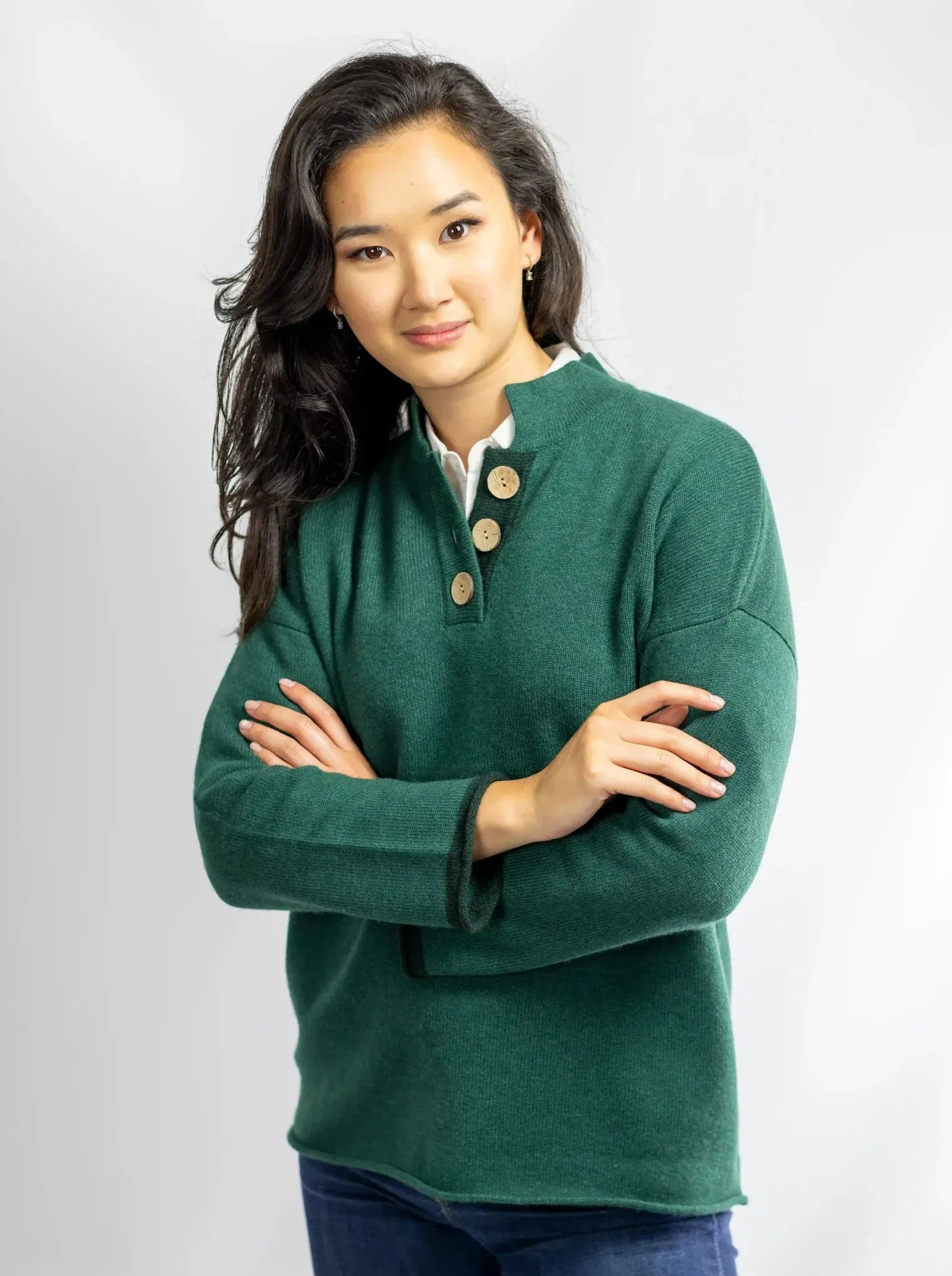 Cashmere and Merino High Collar Jumper | Myrtle Green