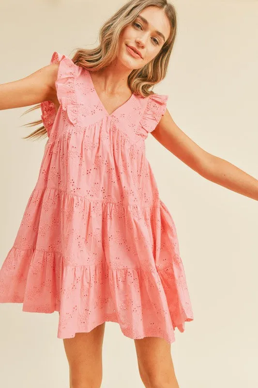 Coral Pink Eyelet Babydoll Mini Dress