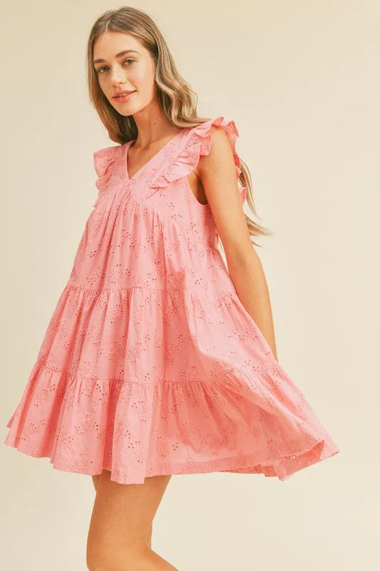 Coral Pink Eyelet Babydoll Mini Dress