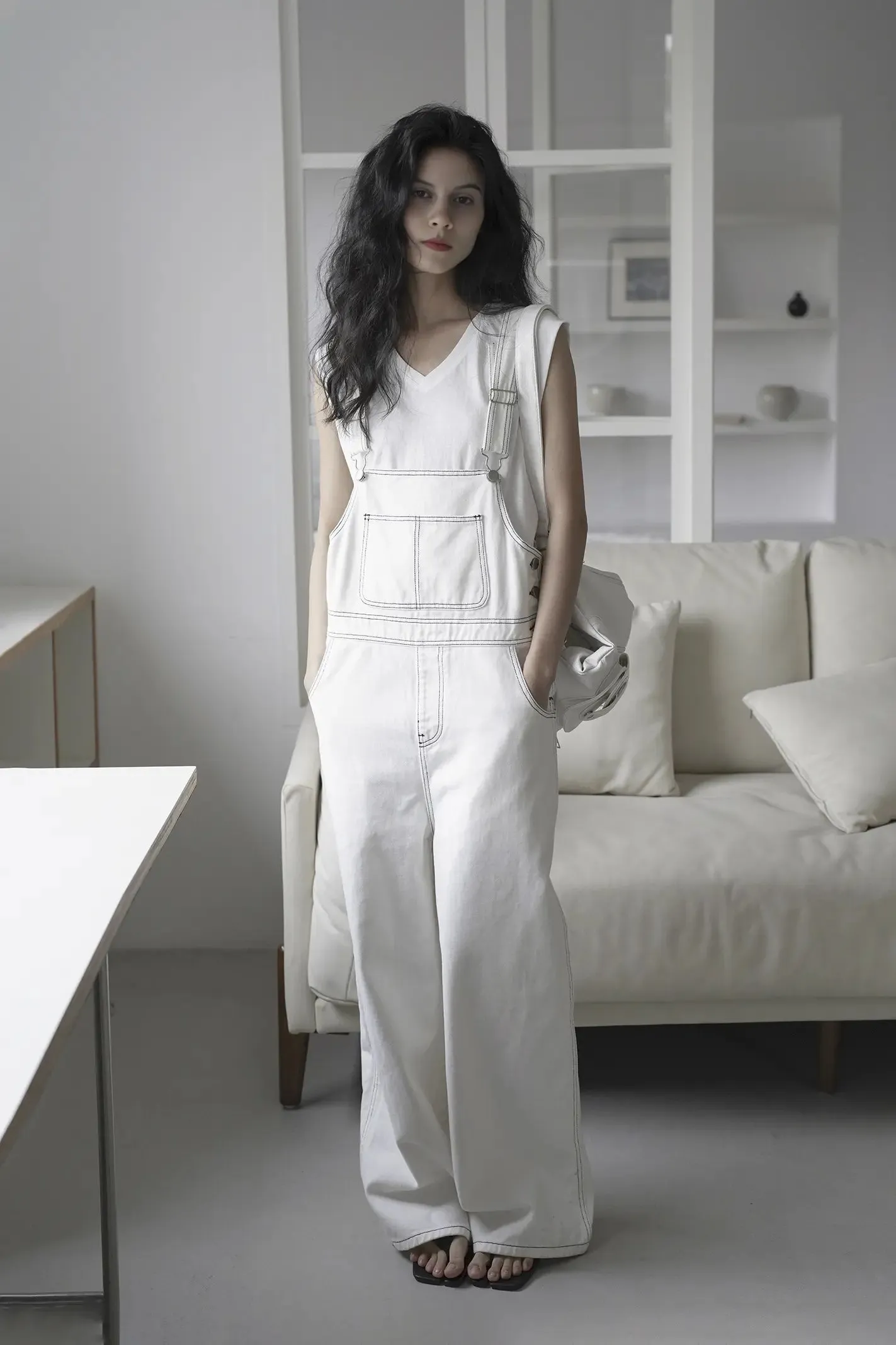 Cotton White Wide Leg Womens Overalls with Black Contrasting Stitch