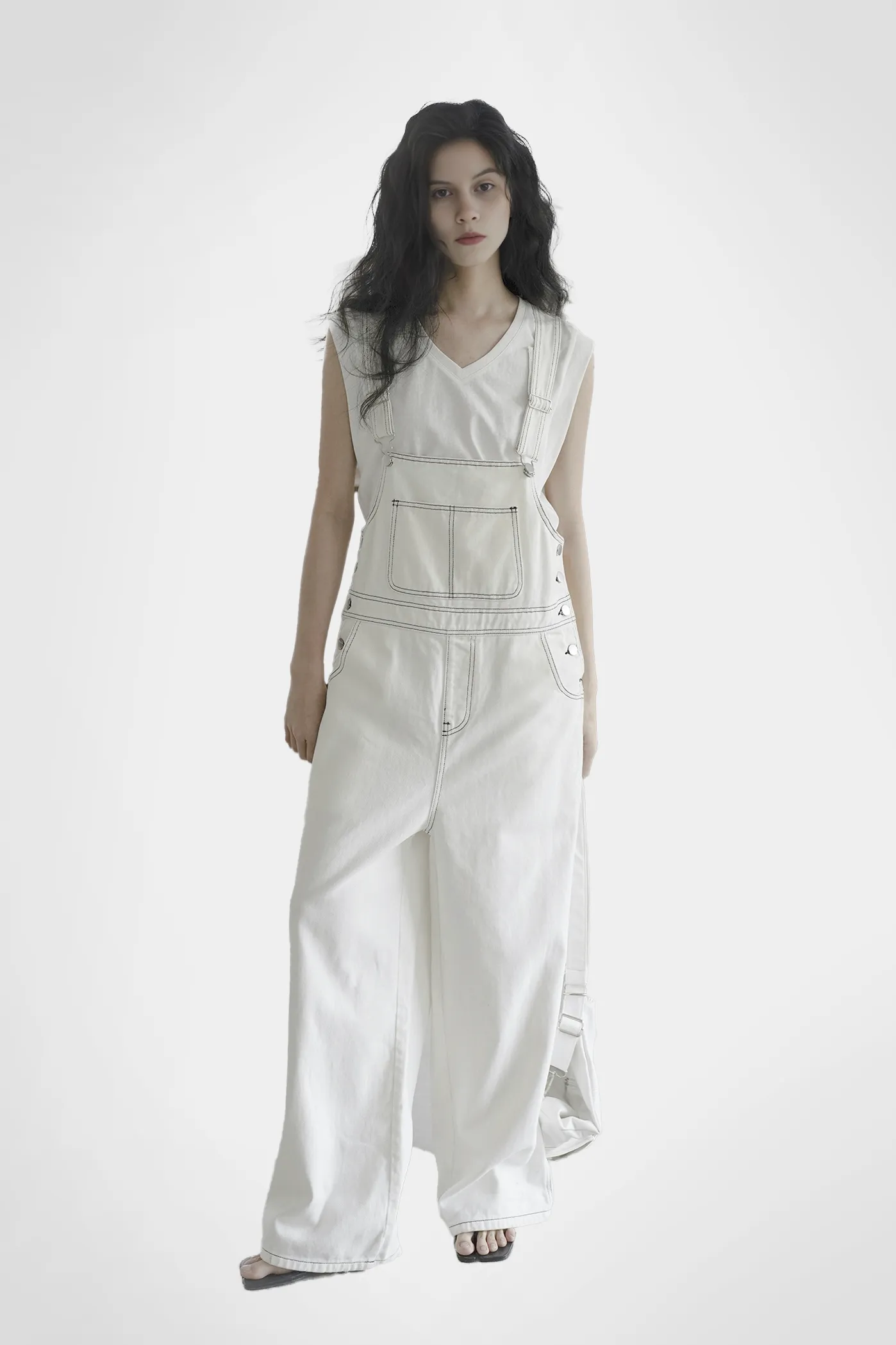 Cotton White Wide Leg Womens Overalls with Black Contrasting Stitch