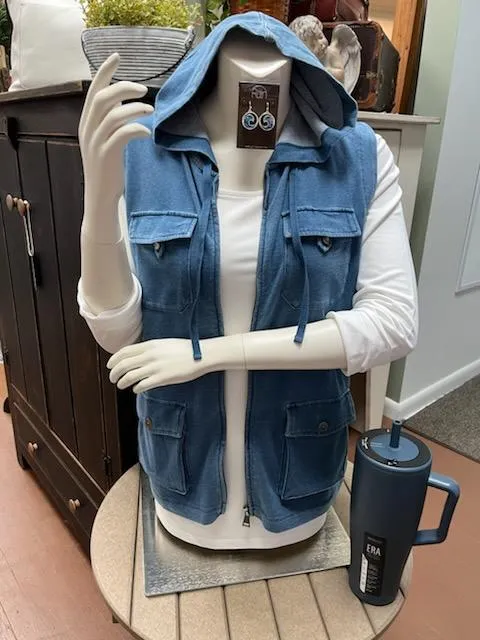 Denim Hooded Zipper Vest  24104-DE