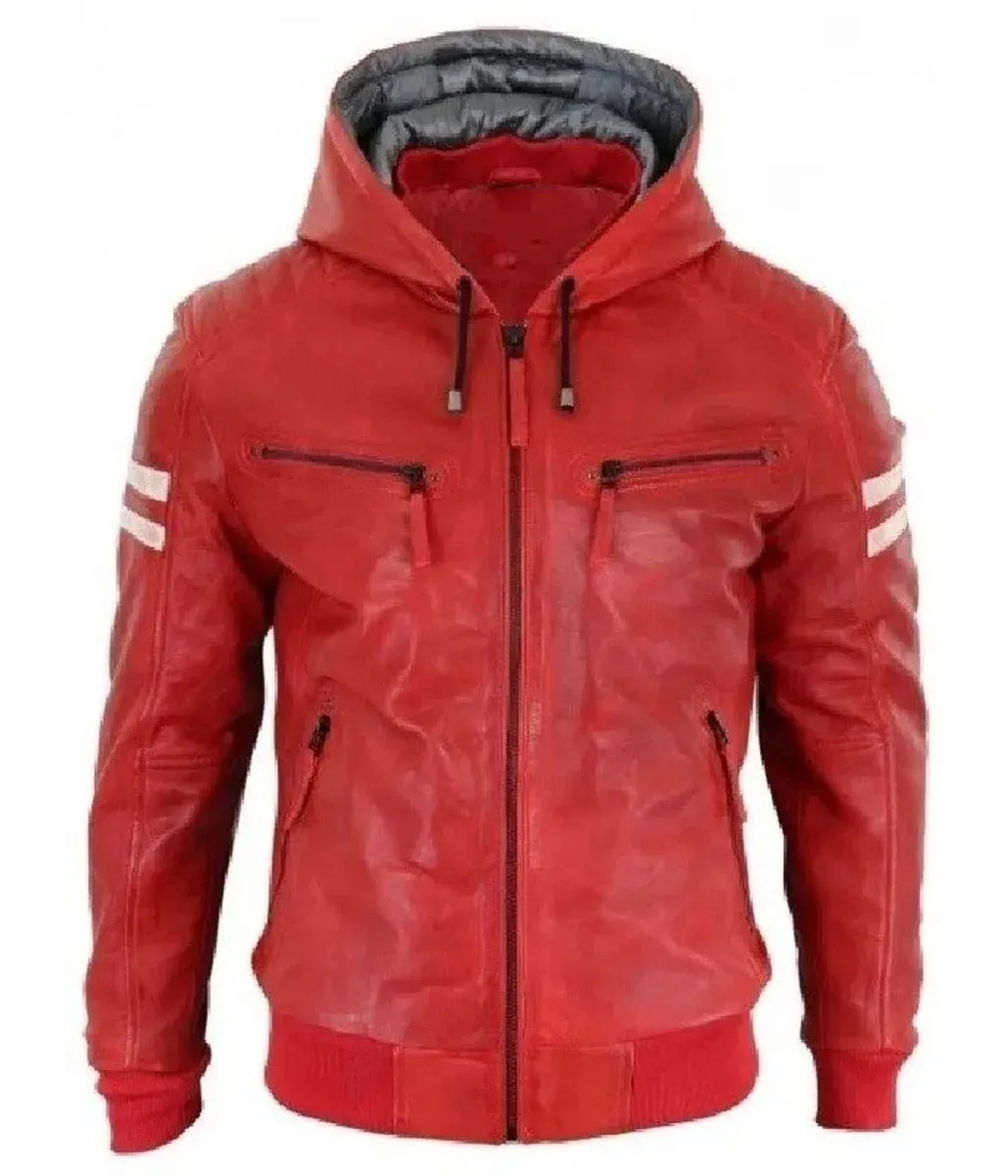 Elixira Red Hooded Biker Leather Jacket