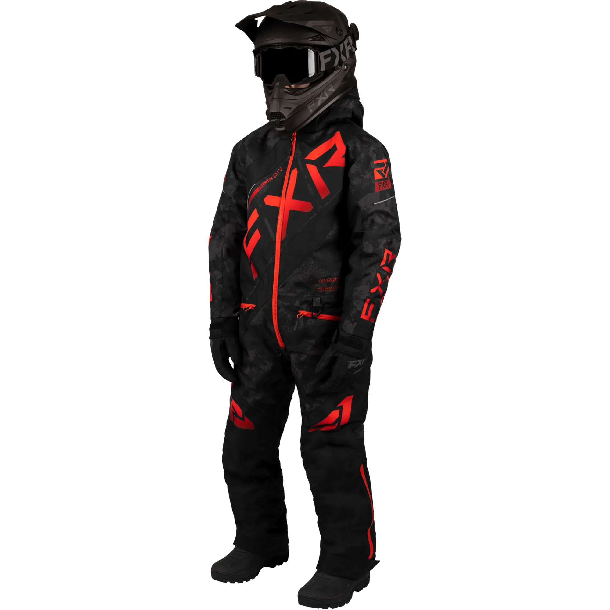 FXR Child CX Snowmobile Monosuit Black Camo/Red Fade