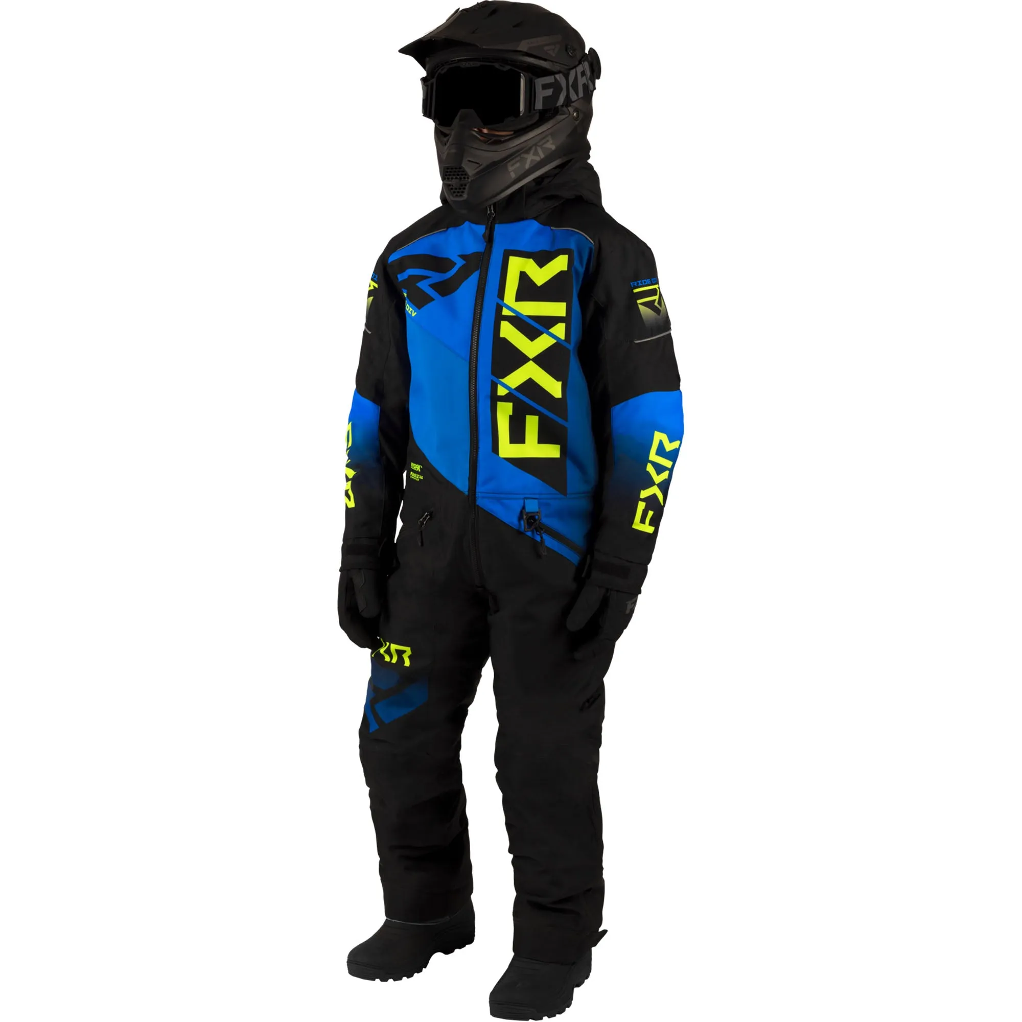 FXR Youth Helium Snowmobile Monosuit Black/Blue/HiVis