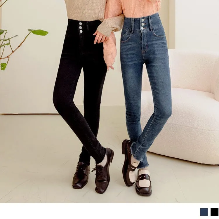 HIGH WAIST BUTTONS SKINNY SLIM DENIM LONG PANTS