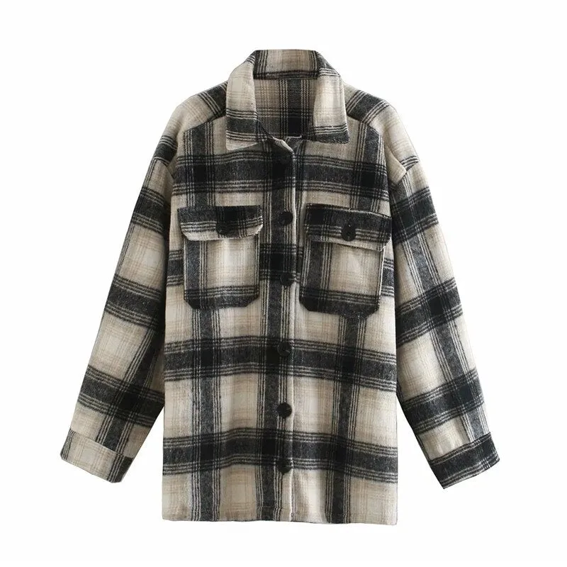 Joskaa Merodi Autumn Stylish Lady Plaid Print Za Long Outwear Jackets 2024 Women British Style Long Sleeve Warm Loose Shirt Jacket Chic