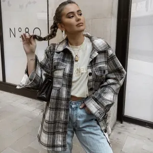 Joskaa Merodi Autumn Stylish Lady Plaid Print Za Long Outwear Jackets 2024 Women British Style Long Sleeve Warm Loose Shirt Jacket Chic