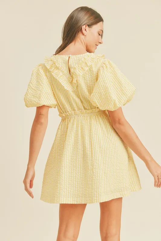 Lemon Yellow Striped Mini Dress With Ruffle Detail