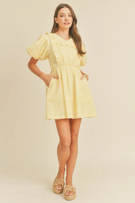 Lemon Yellow Striped Mini Dress With Ruffle Detail