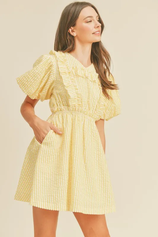 Lemon Yellow Striped Mini Dress With Ruffle Detail