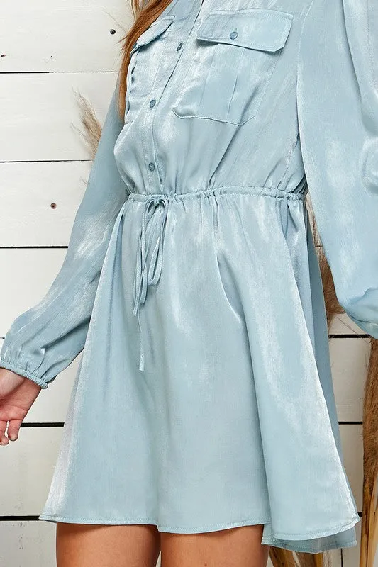 Light Blue Satin Button Down Waist Tie Dress