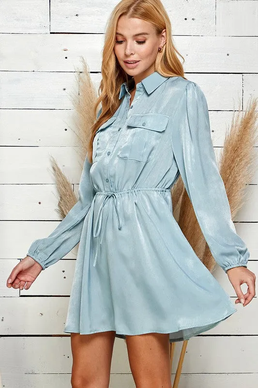 Light Blue Satin Button Down Waist Tie Dress