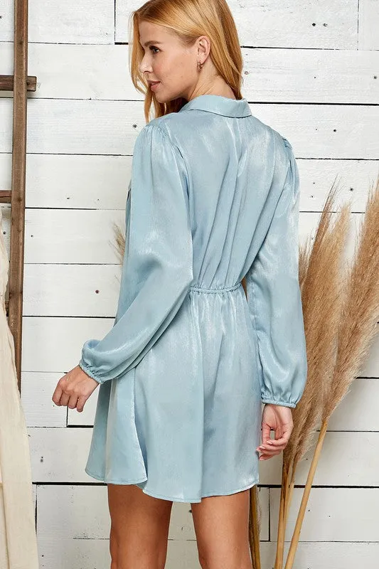 Light Blue Satin Button Down Waist Tie Dress