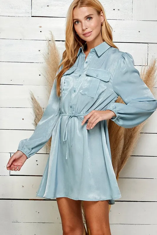 Light Blue Satin Button Down Waist Tie Dress